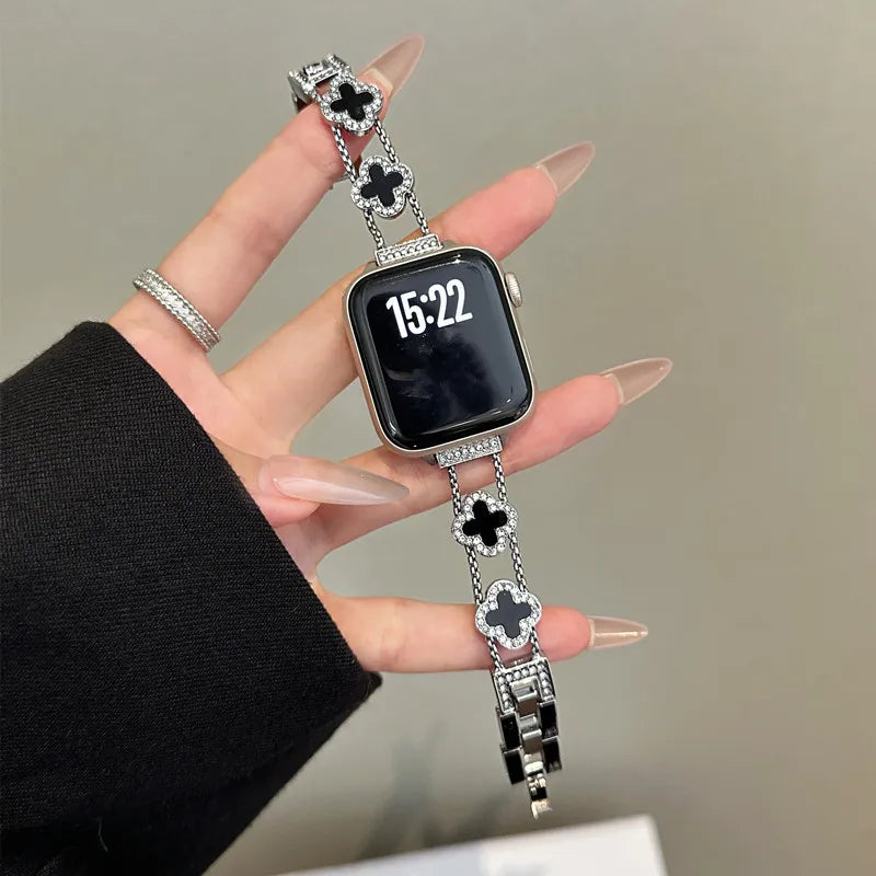 Replacement band for Apple Watch - silver and black clover design