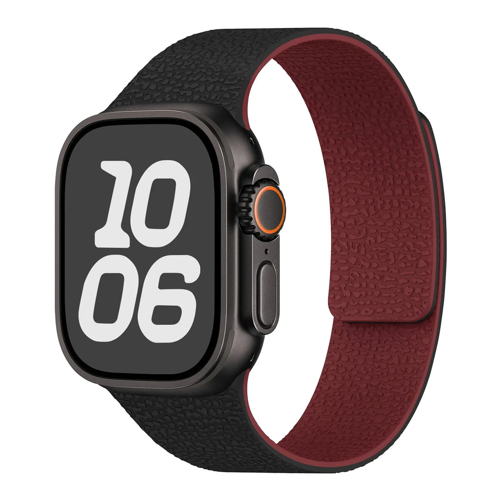 Replacement Apple Watch band in magnetic silicone black and burgundy