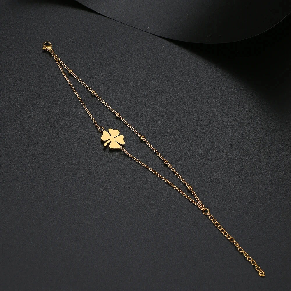 Double Bracelet with 4-Leaf Clover, Gold