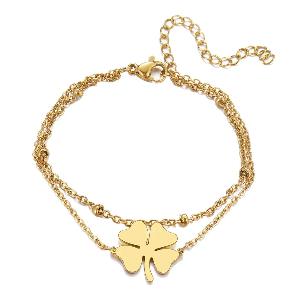 Double Bracelet with 4-Leaf Clover, Gold