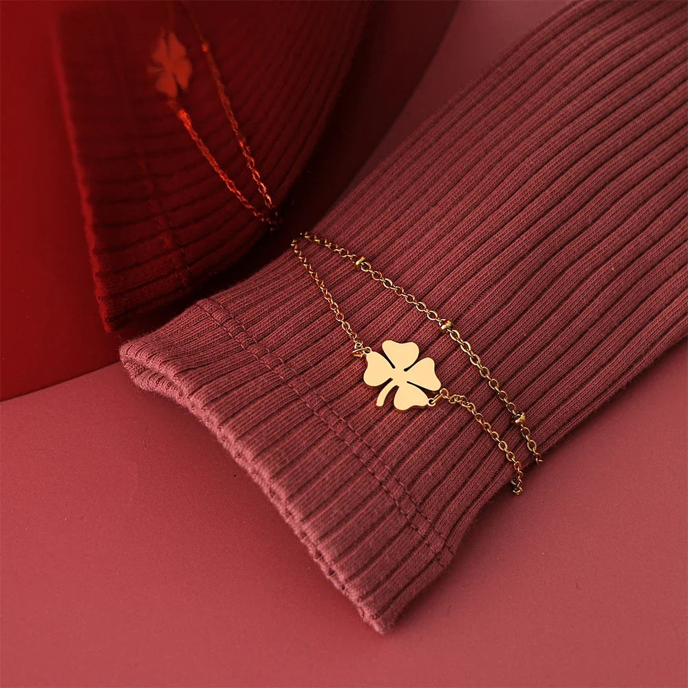 Double Bracelet with 4-Leaf Clover, Gold