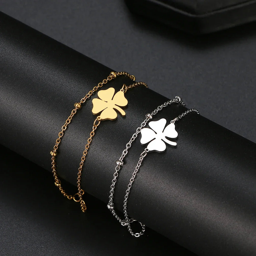 Double Bracelet with 4-Leaf Clover, Gold