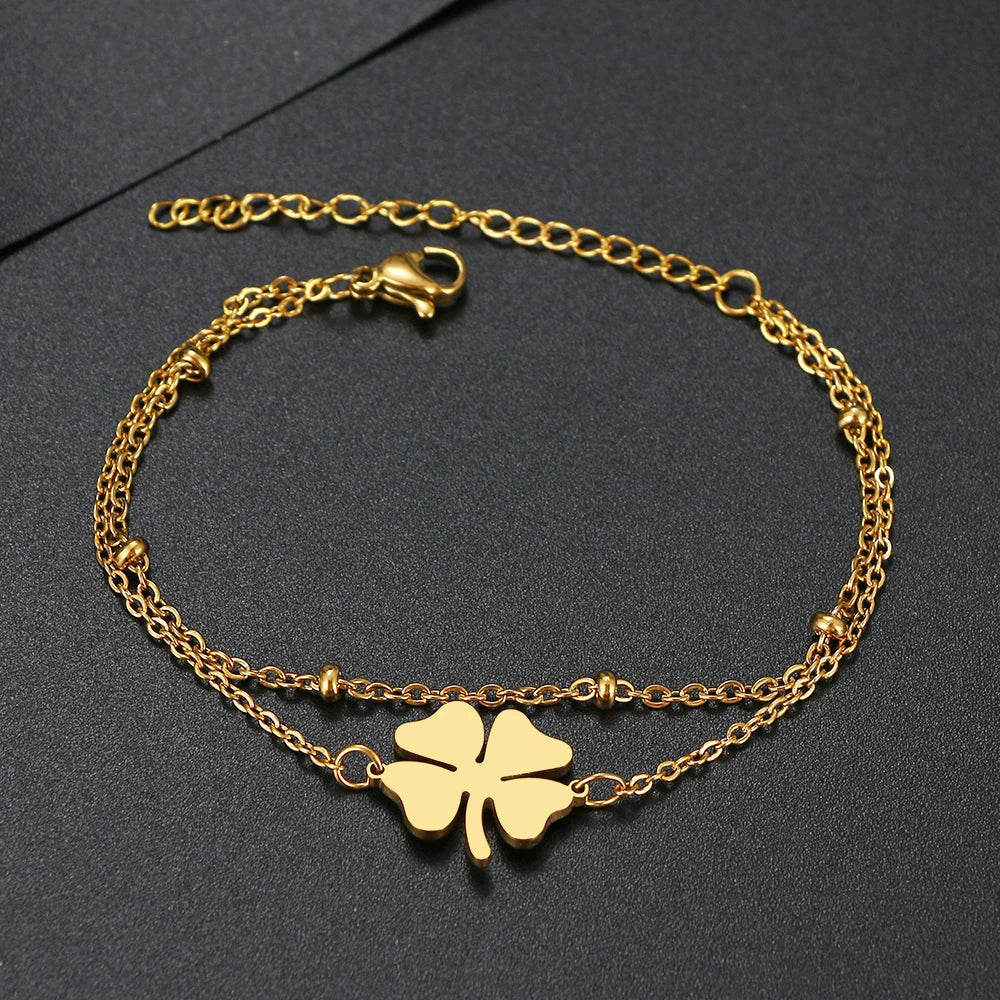 Double Bracelet with 4-Leaf Clover, Gold
