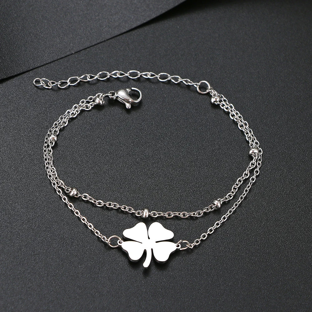 Double Bracelet with 4-Leaf Clover, Silver