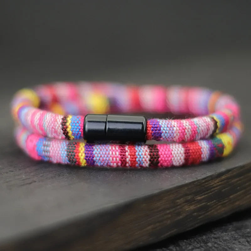 Multicolor Pink Ethnic Double Braided Bracelet
