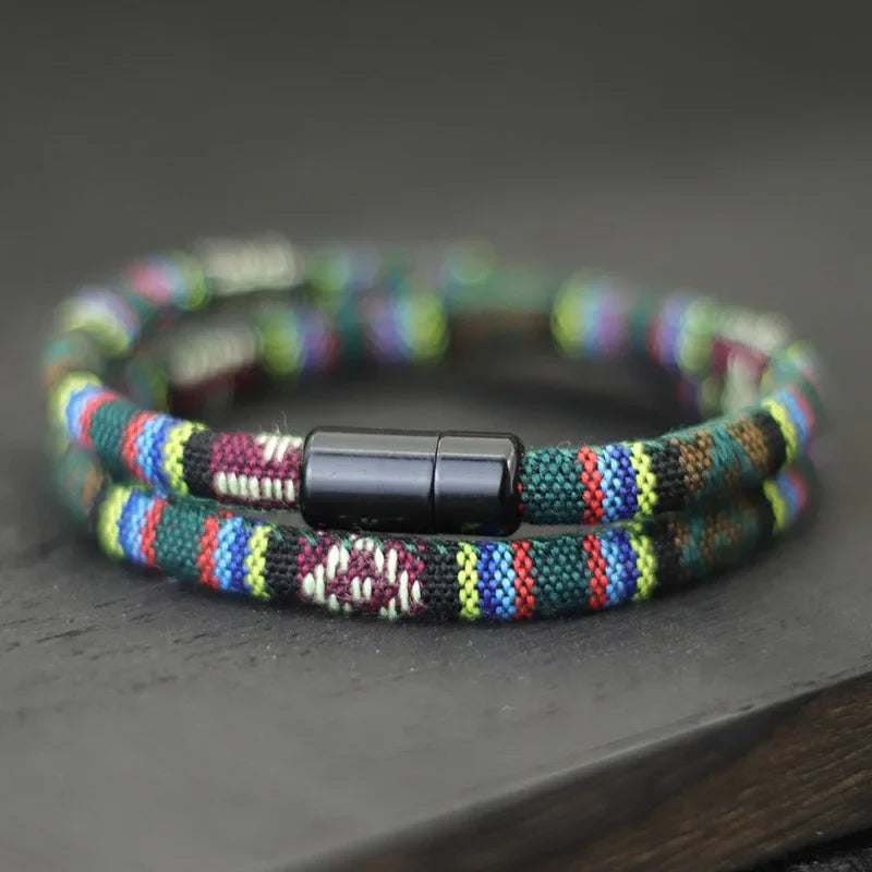 Multicolor Green Ethnic Double Braided Bracelet
