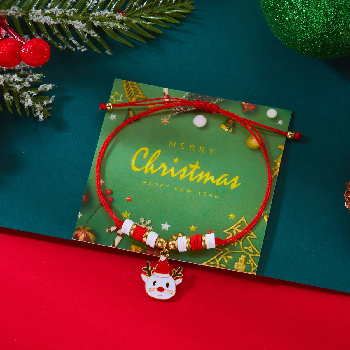 Cord Bracelet with Red Reindeer Christmas Pendant