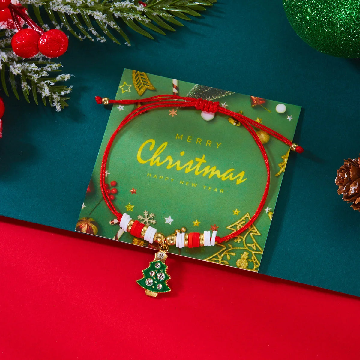 Cord Bracelet with Red Christmas Tree and Ornaments Pendant