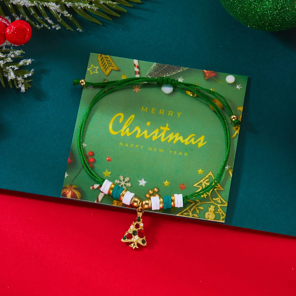 Cord Bracelet with Green Christmas Tree Pendant