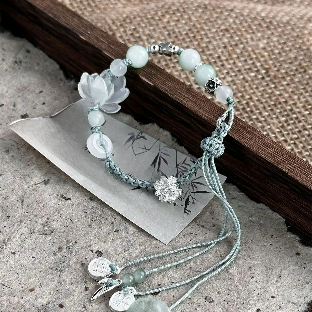 Rope Bracelet with Beads and Lotus Flower