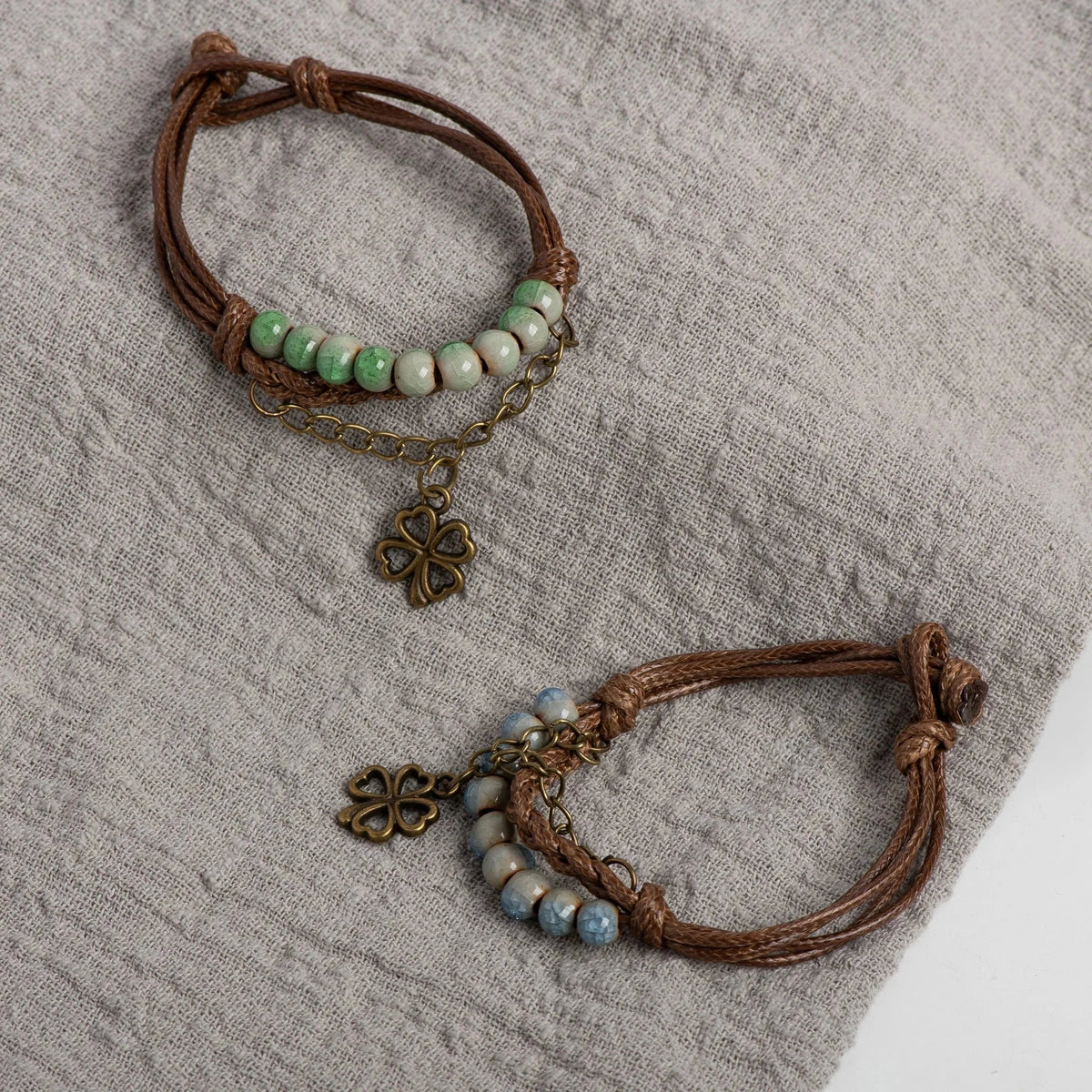 Cord Bracelet with 4-Leaf Clover and Green Beads