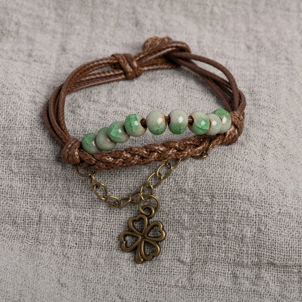 Cord Bracelet with 4-Leaf Clover and Green Beads