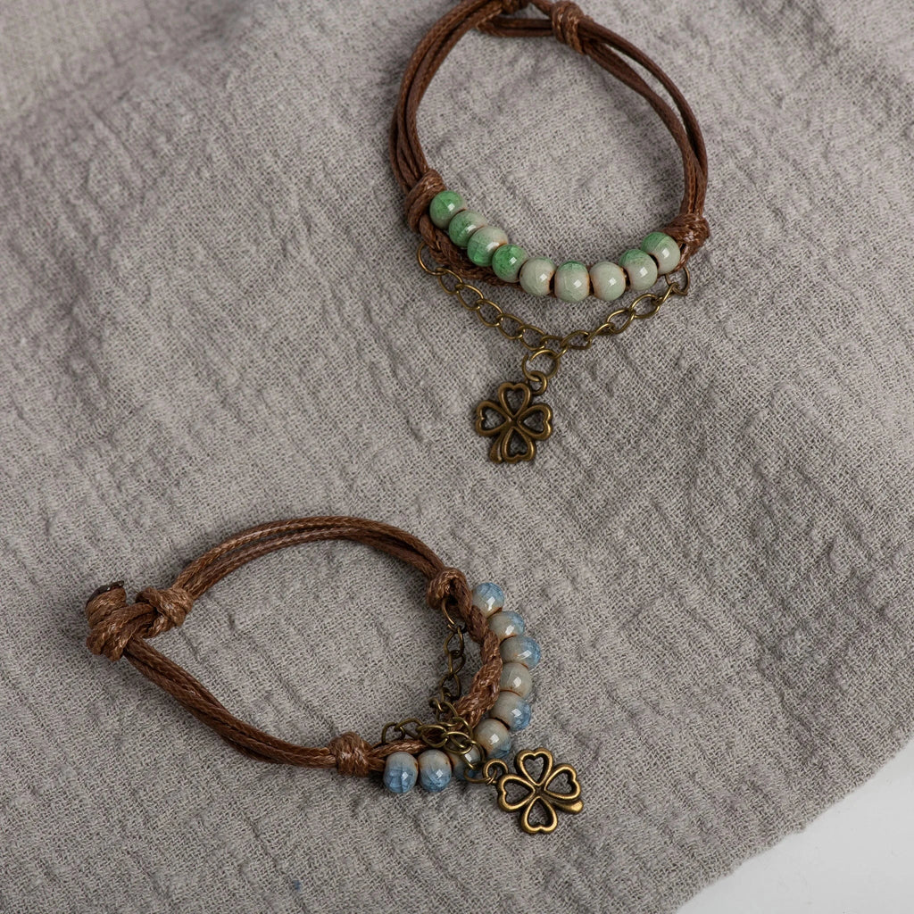 Cord Bracelet with 4-Leaf Clover and Green Beads