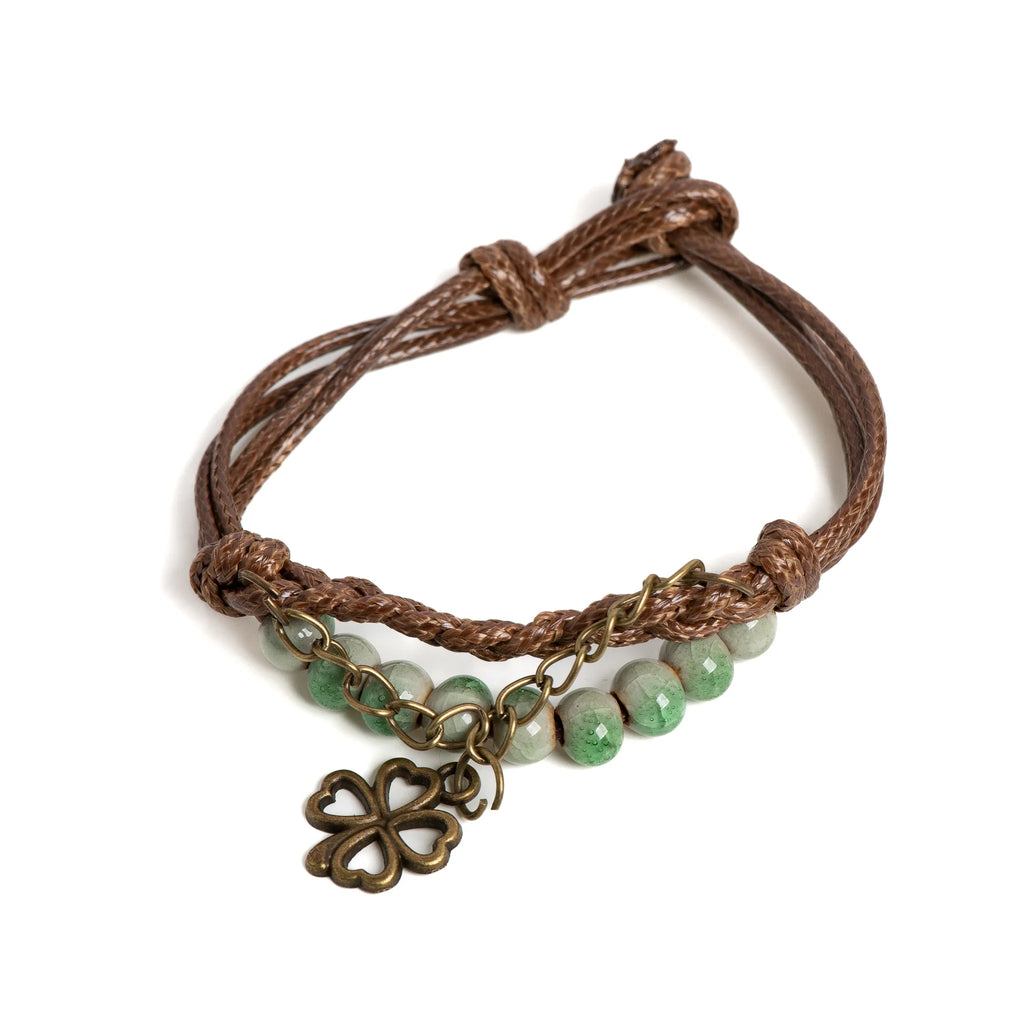 Cord Bracelet with 4-Leaf Clover and Green Beads