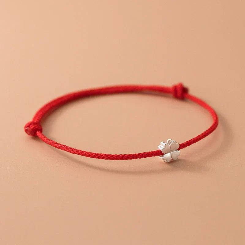 Cord Bracelet with White and Red Four-Leaf Clover