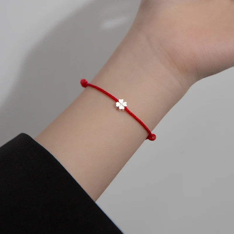 Cord Bracelet with White and Red Four-Leaf Clover