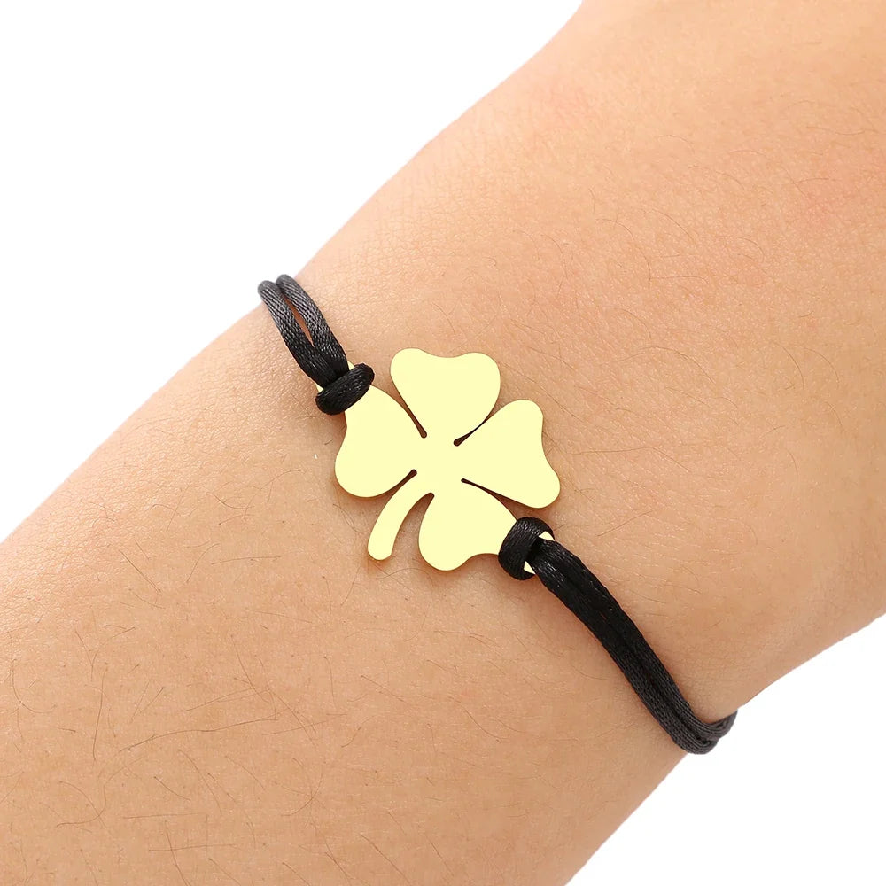 Black and Gold Lucky Four-Leaf Clover Cord Bracelet