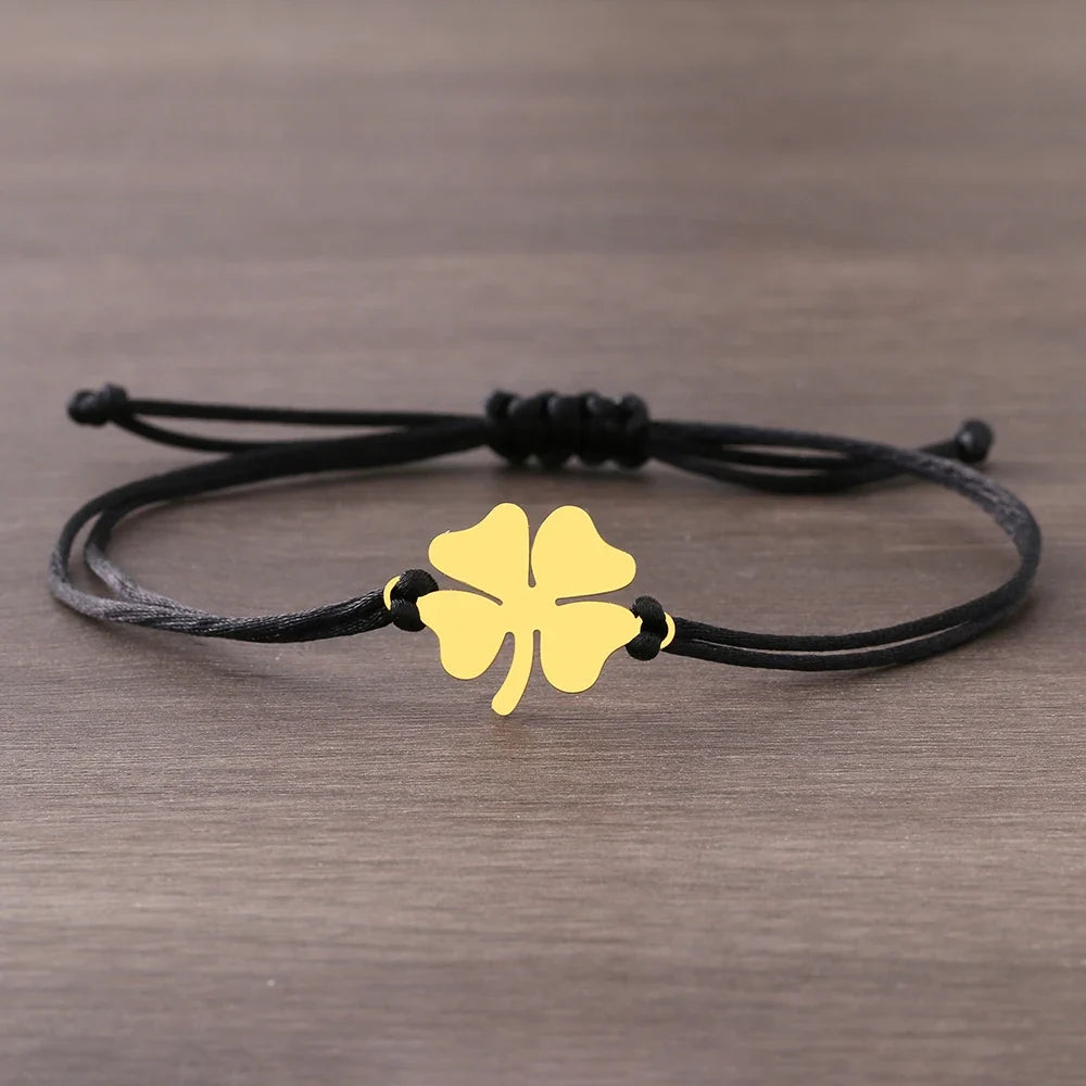 Black and Gold Lucky Four-Leaf Clover Cord Bracelet