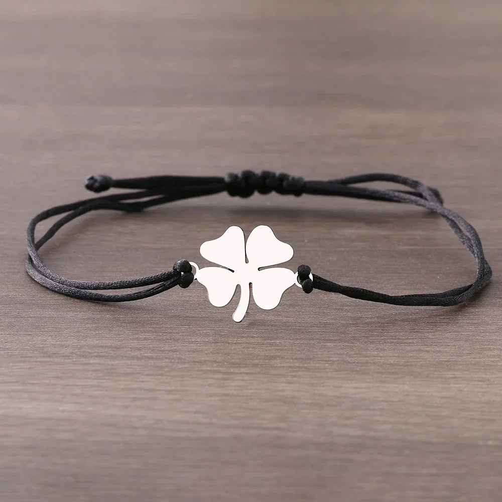 Black and Silver Lucky Four-Leaf Clover Cord Bracelet