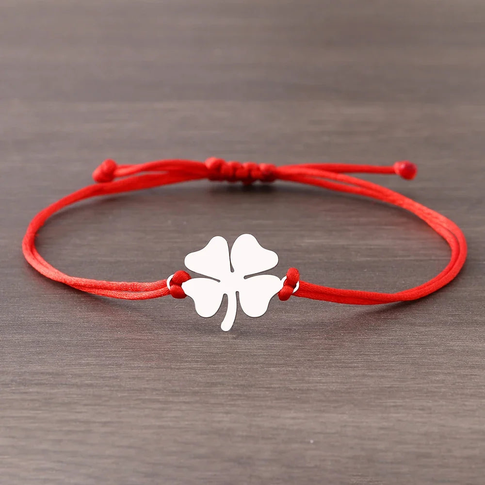 Red and Silver Lucky Four-Leaf Clover Cord Bracelet