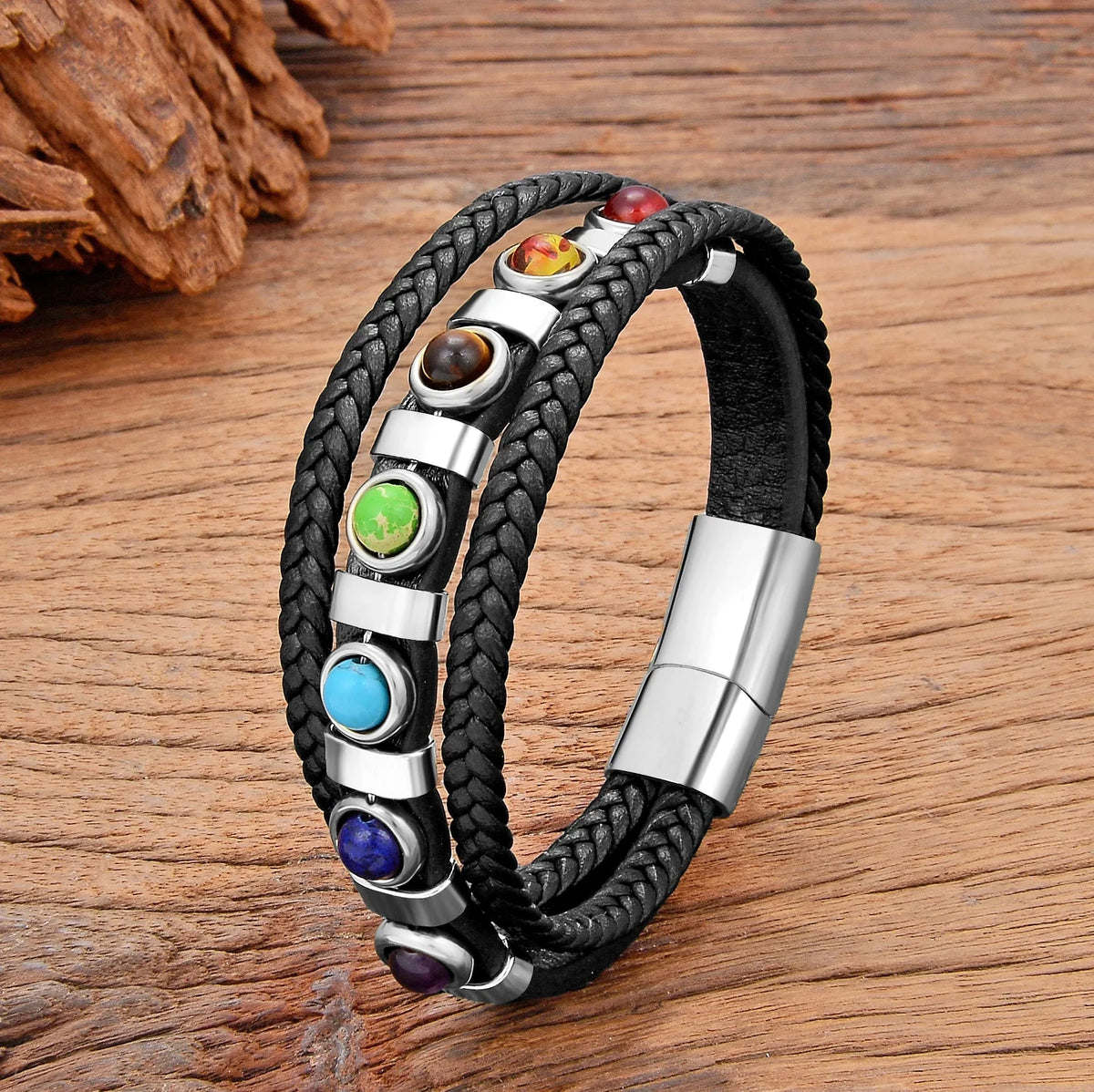 7 Chakras Leather Bracelet for Men Silver