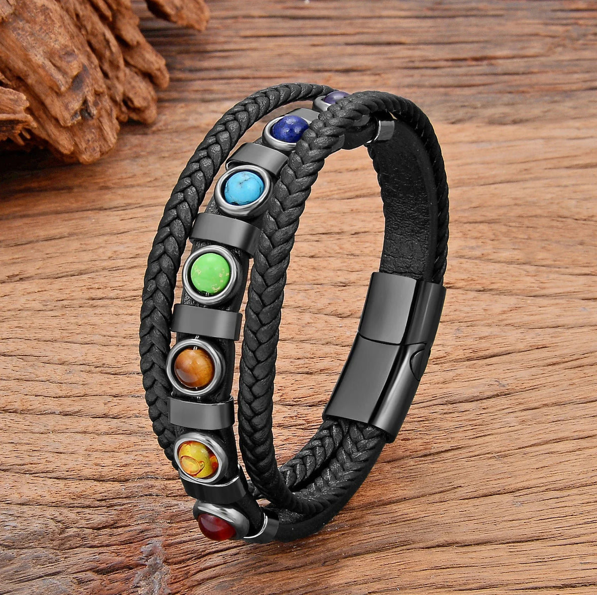 7 Chakras Leather Bracelet for Men Black