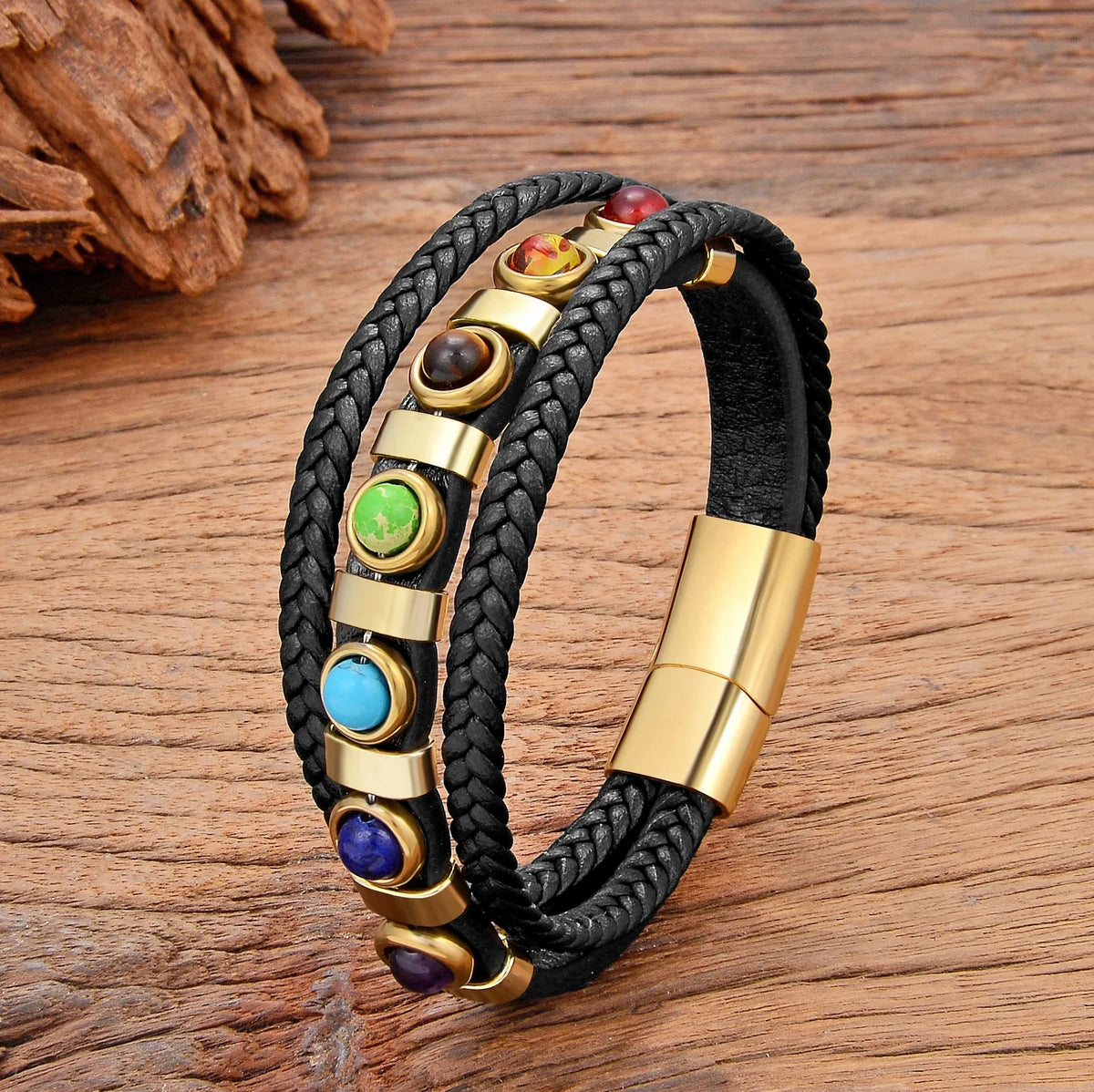 7 Chakras Leather Bracelet for Men Gold