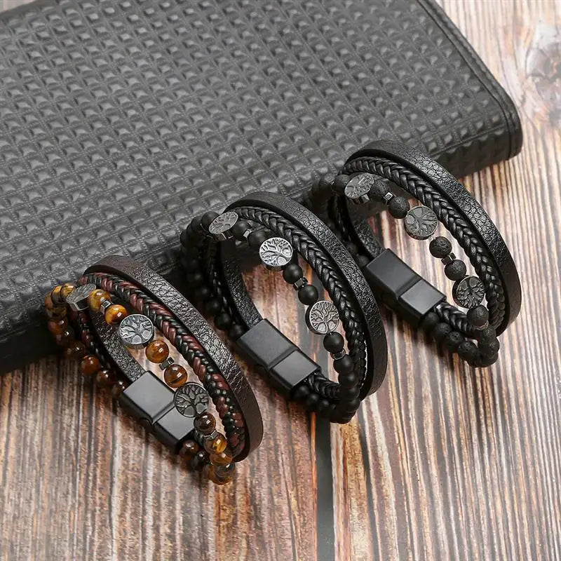 Tree of Life Leather Bracelet Beads Men