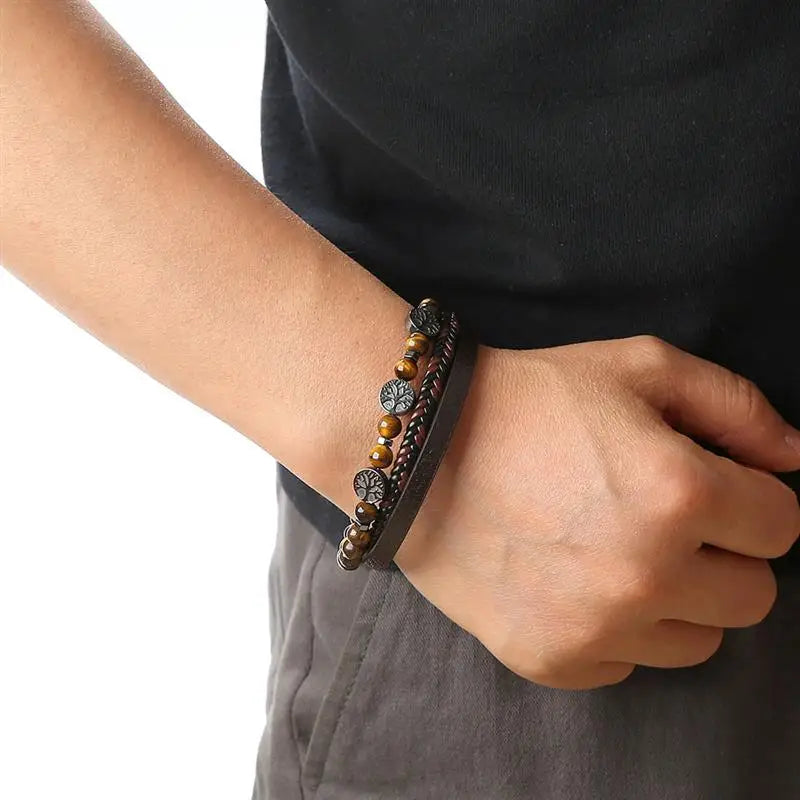 Tree of Life Leather Bracelet Beads Men
