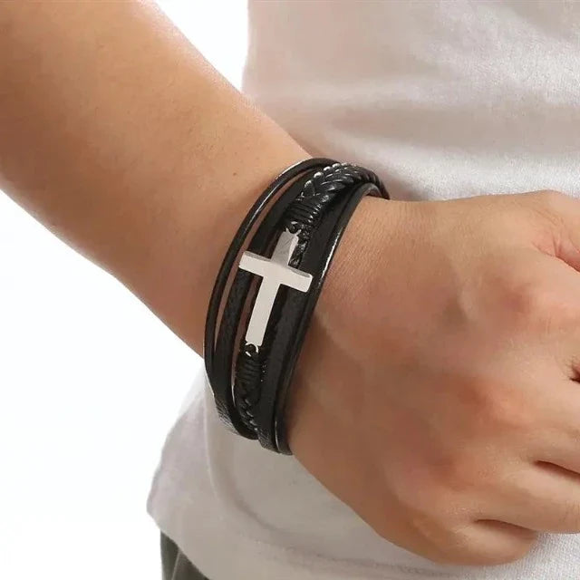 Leather Bracelet with Cross for Men