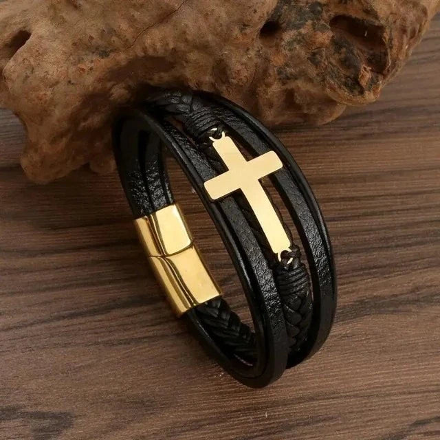 Leather Bracelet with Cross for Men