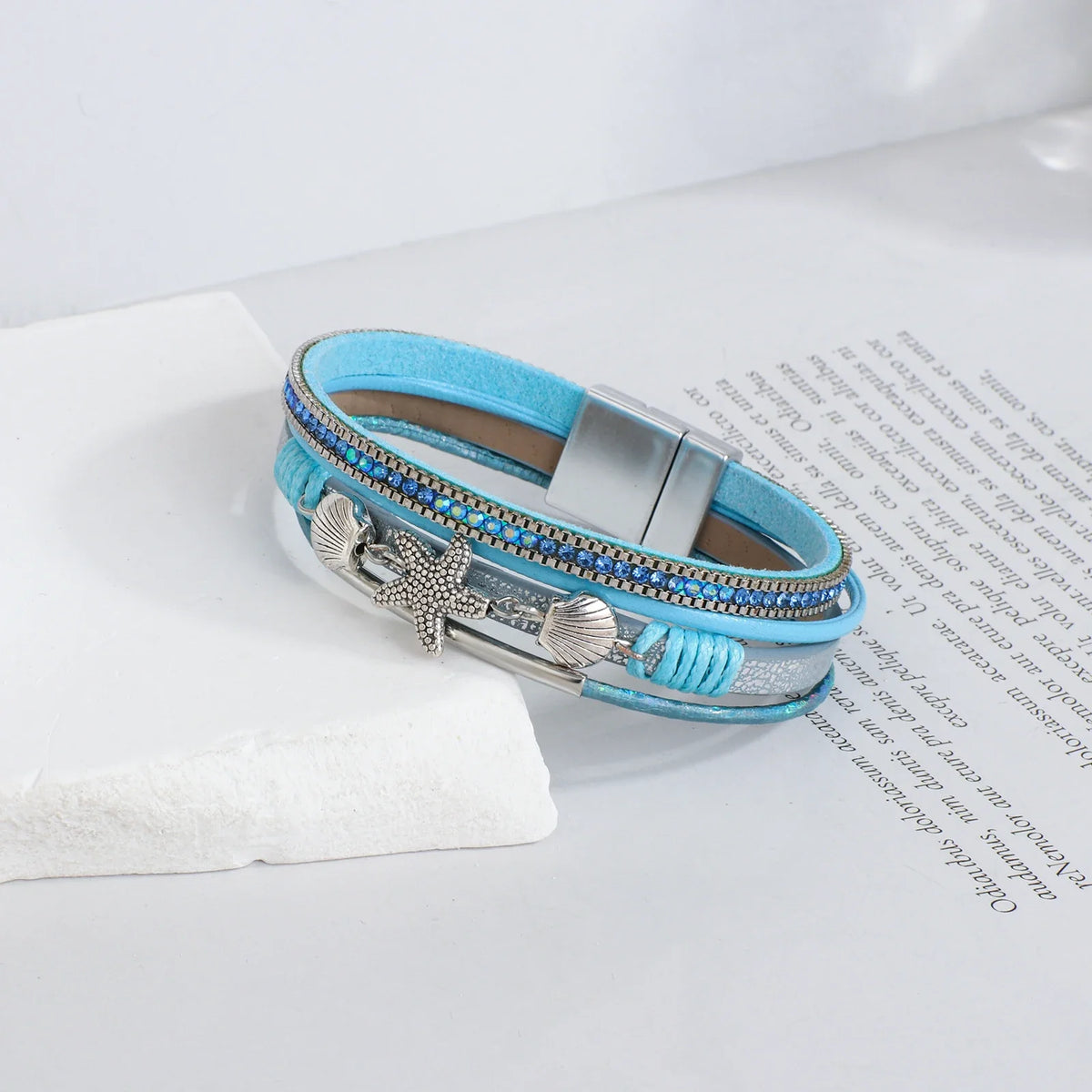 Blue shell and starfish leather bracelet