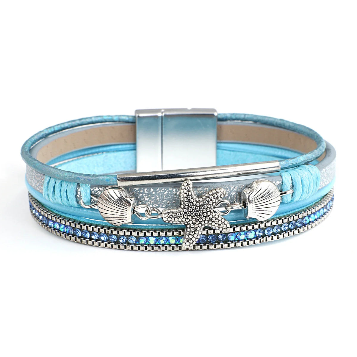 Blue shell and starfish leather bracelet