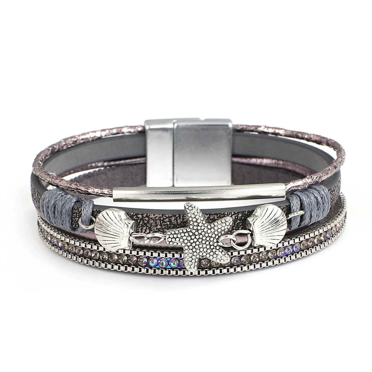 Gray shell and starfish leather bracelet