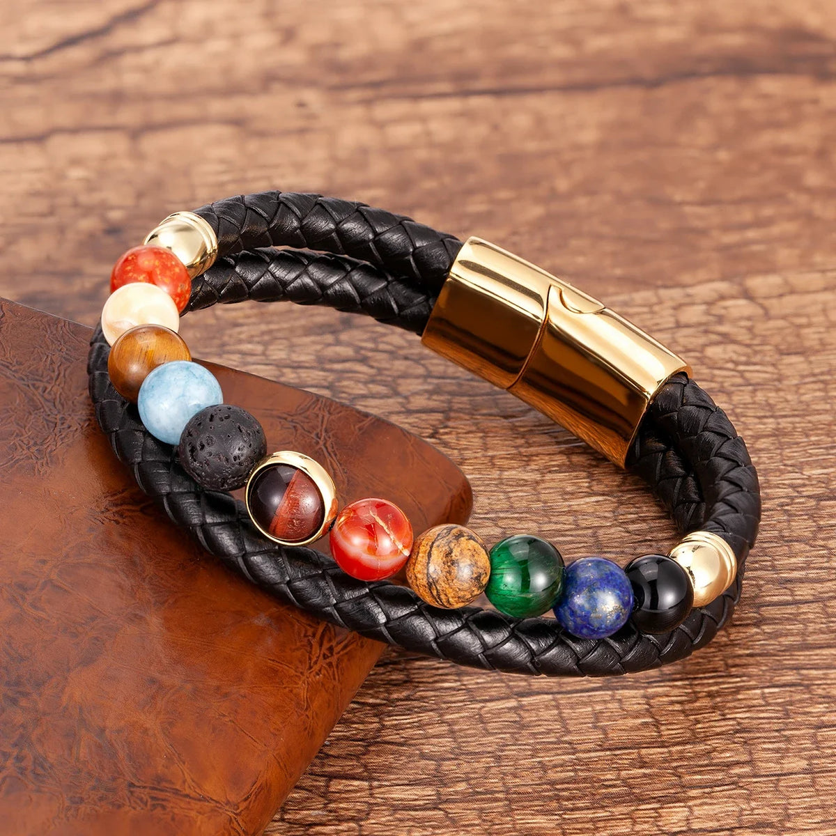 7 Chakras Stone Leather Bracelet for Men and Women, gold style a