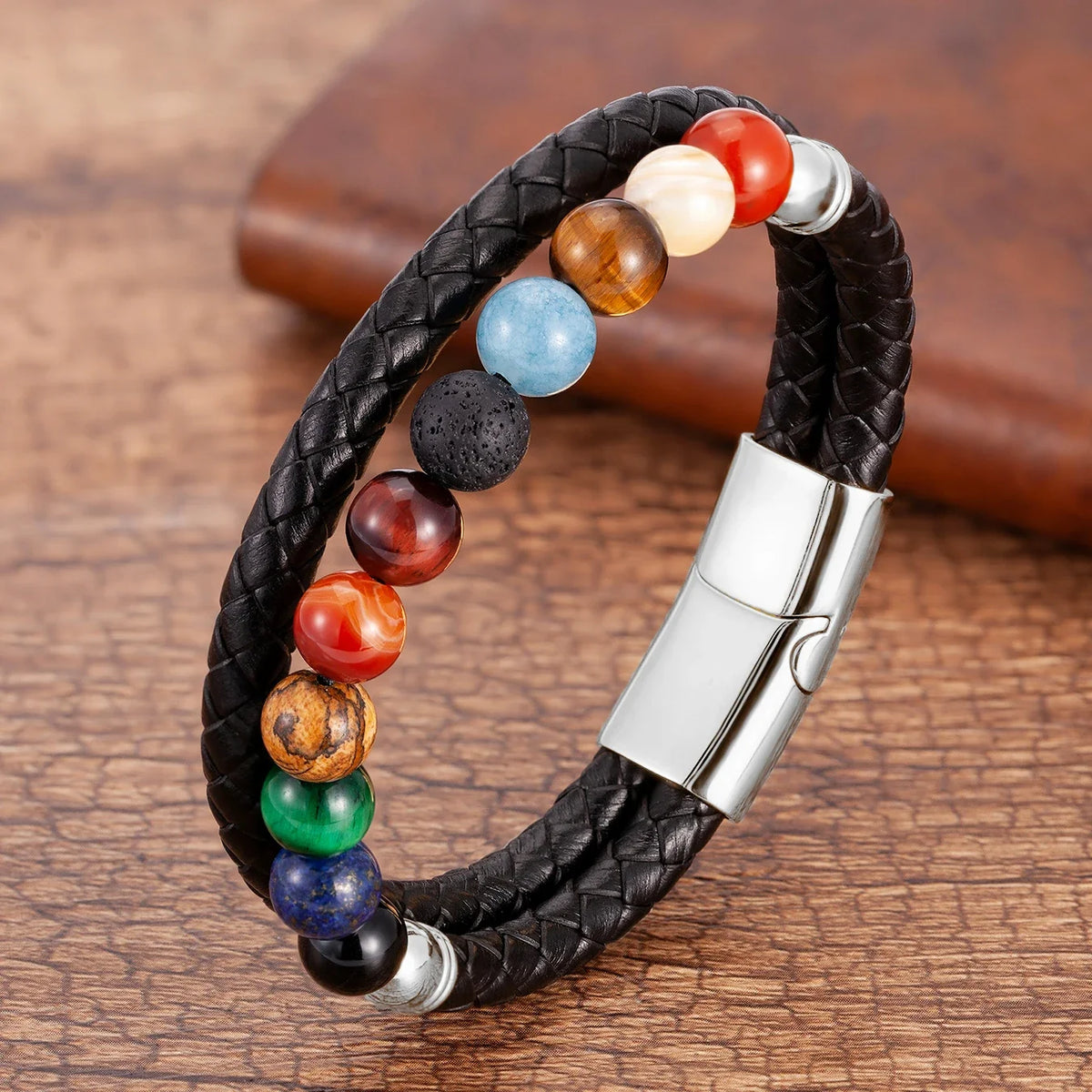 7 Chakras Stone Leather Bracelet for Men and Women, silver style b