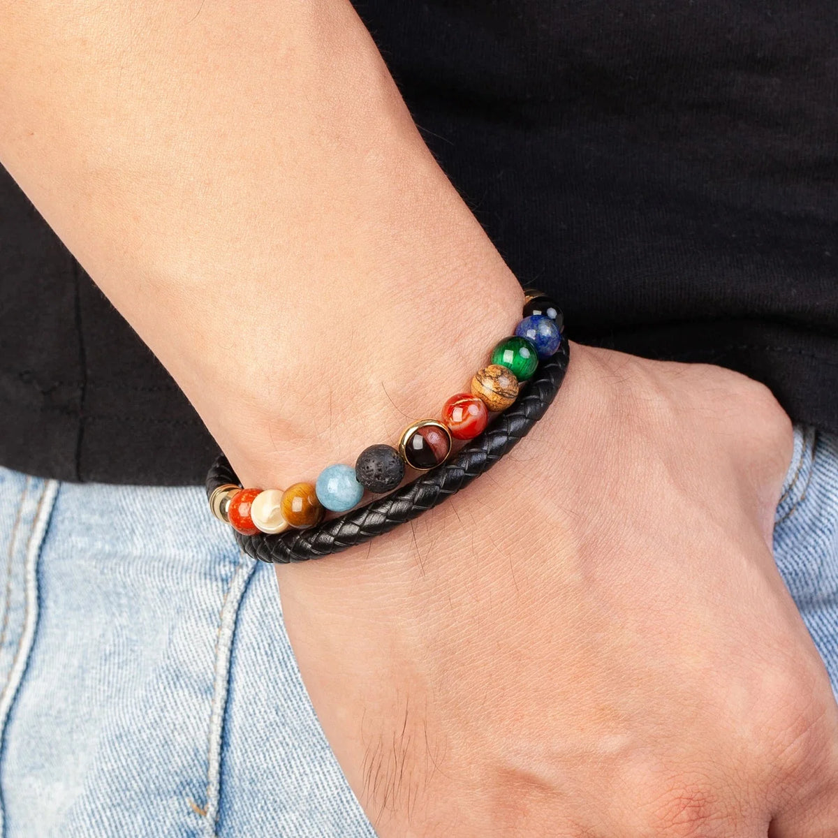7 Chakras Stone Leather Bracelet for Men and Women
