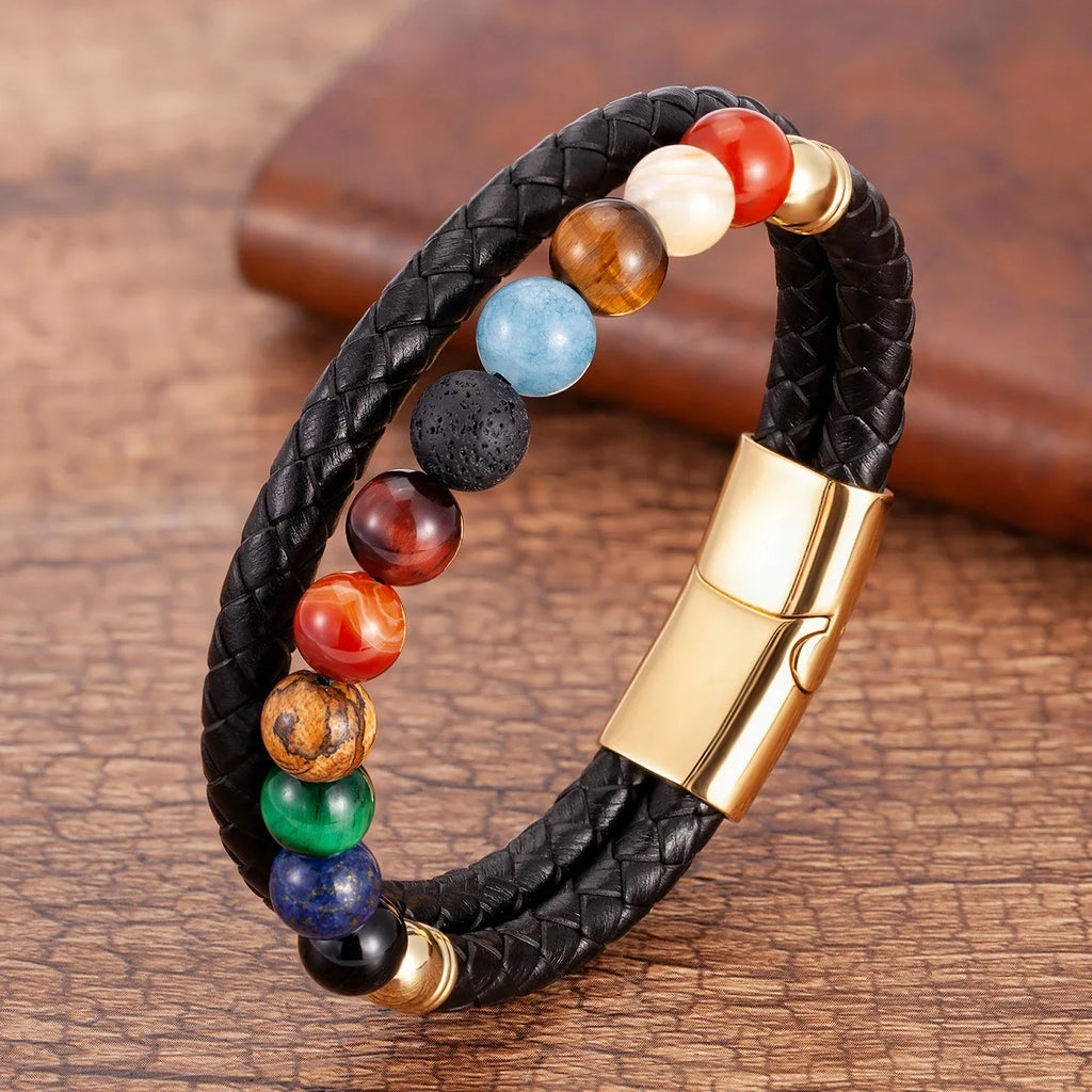 7 Chakras Stone Leather Bracelet for Men and Women, gold style b