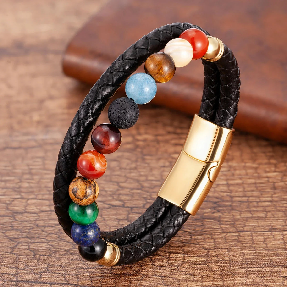 7 Chakras Stone Leather Bracelet for Men and Women, gold style b