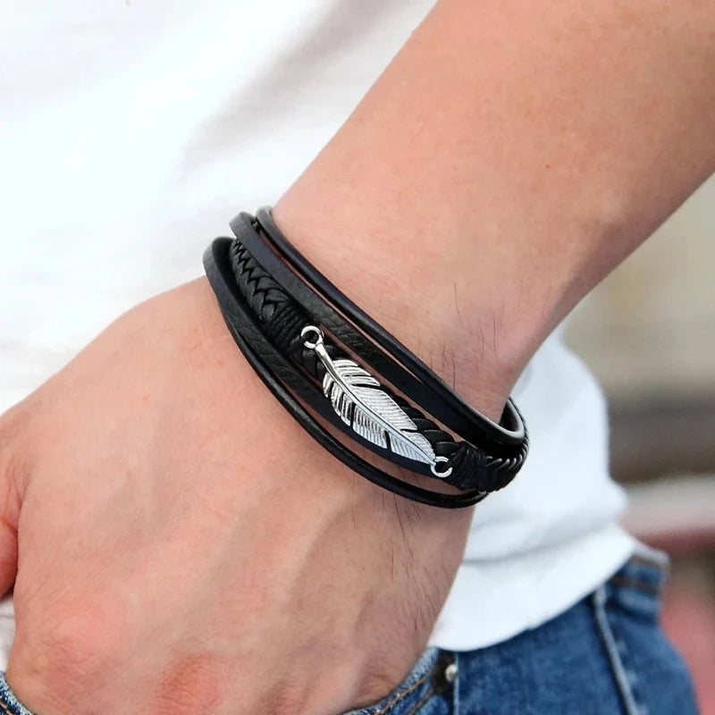Silver Feather Leather Bracelet for Men