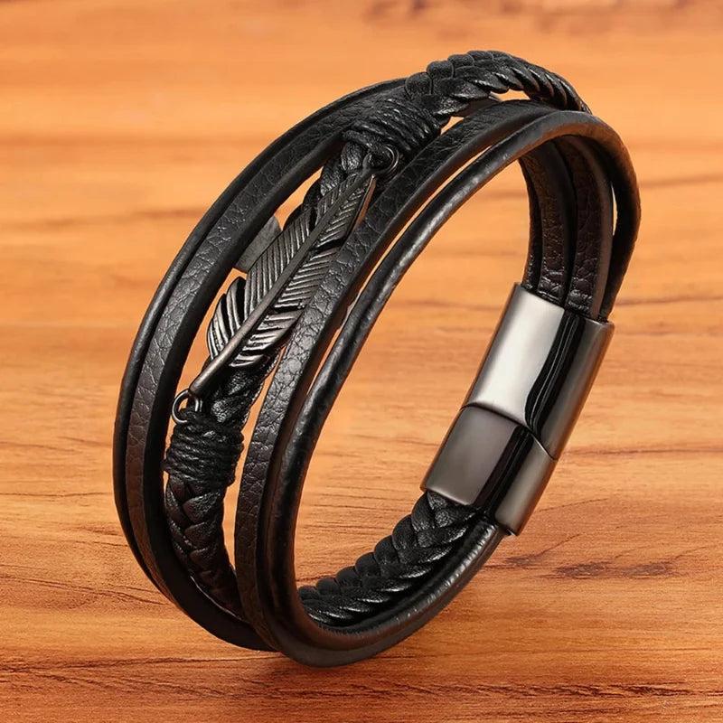 Black Feather Leather Bracelet for Men
