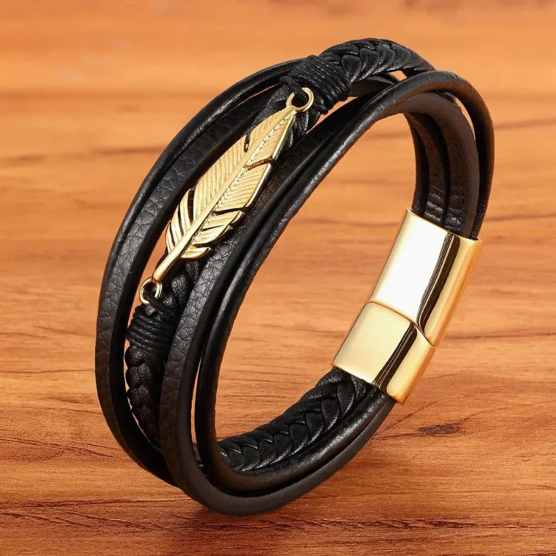 Gold Feather Leather Bracelet for Men