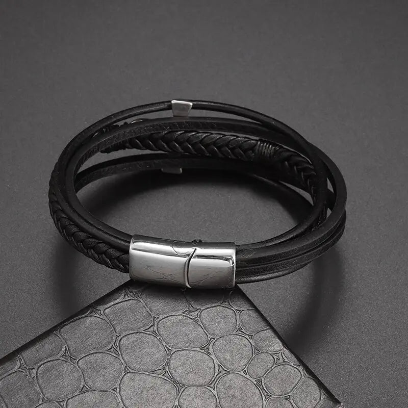 Egyptian Braided Leather Ankh Cross Bracelet silver