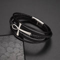 Egyptian Braided Leather Ankh Cross Bracelet silver