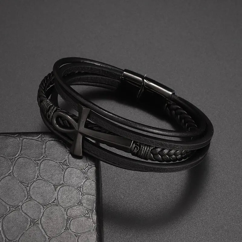 Egyptian Braided Leather Ankh Cross Bracelet black