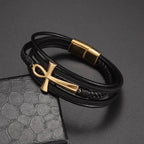 Egyptian Braided Leather Ankh Cross Bracelet gold