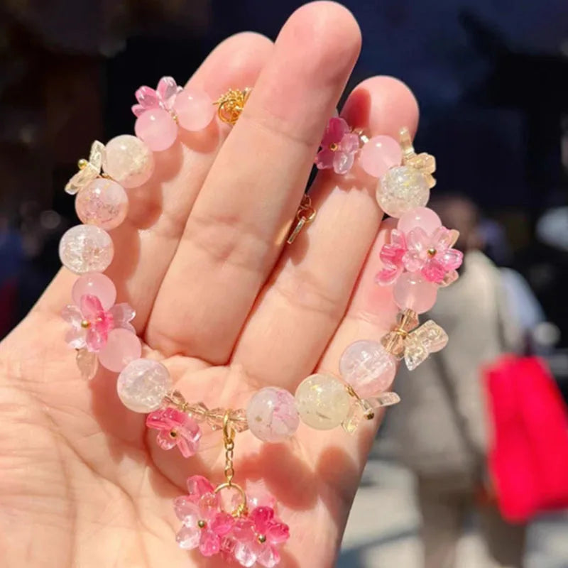Bracelet with Beads and Pink Flowers