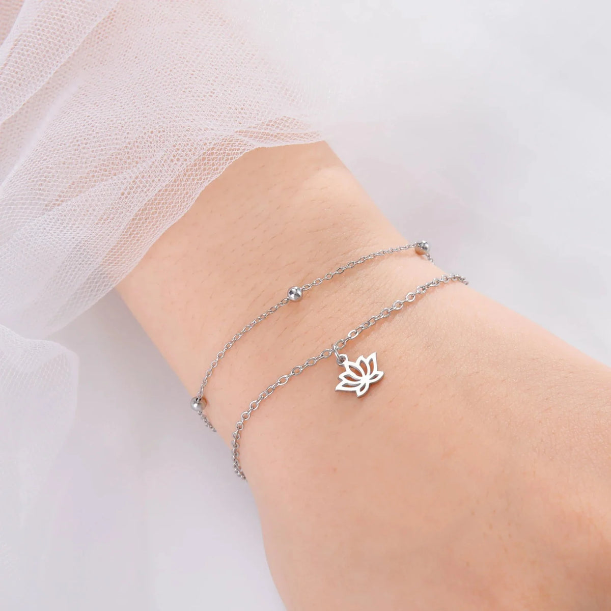 Women's Lotus Flower Bracelet with Silver Chain