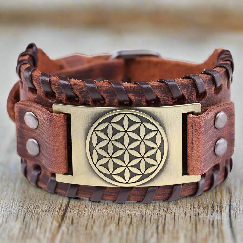Flower of Life Leather Bracelet for Men brown