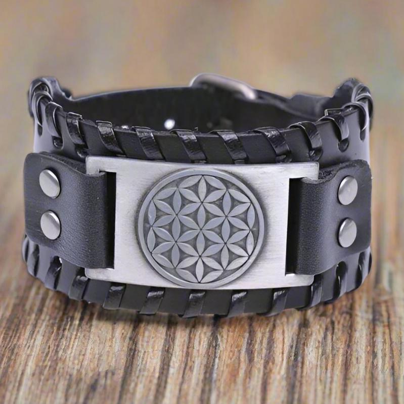 Flower of Life Leather Bracelet for Men black